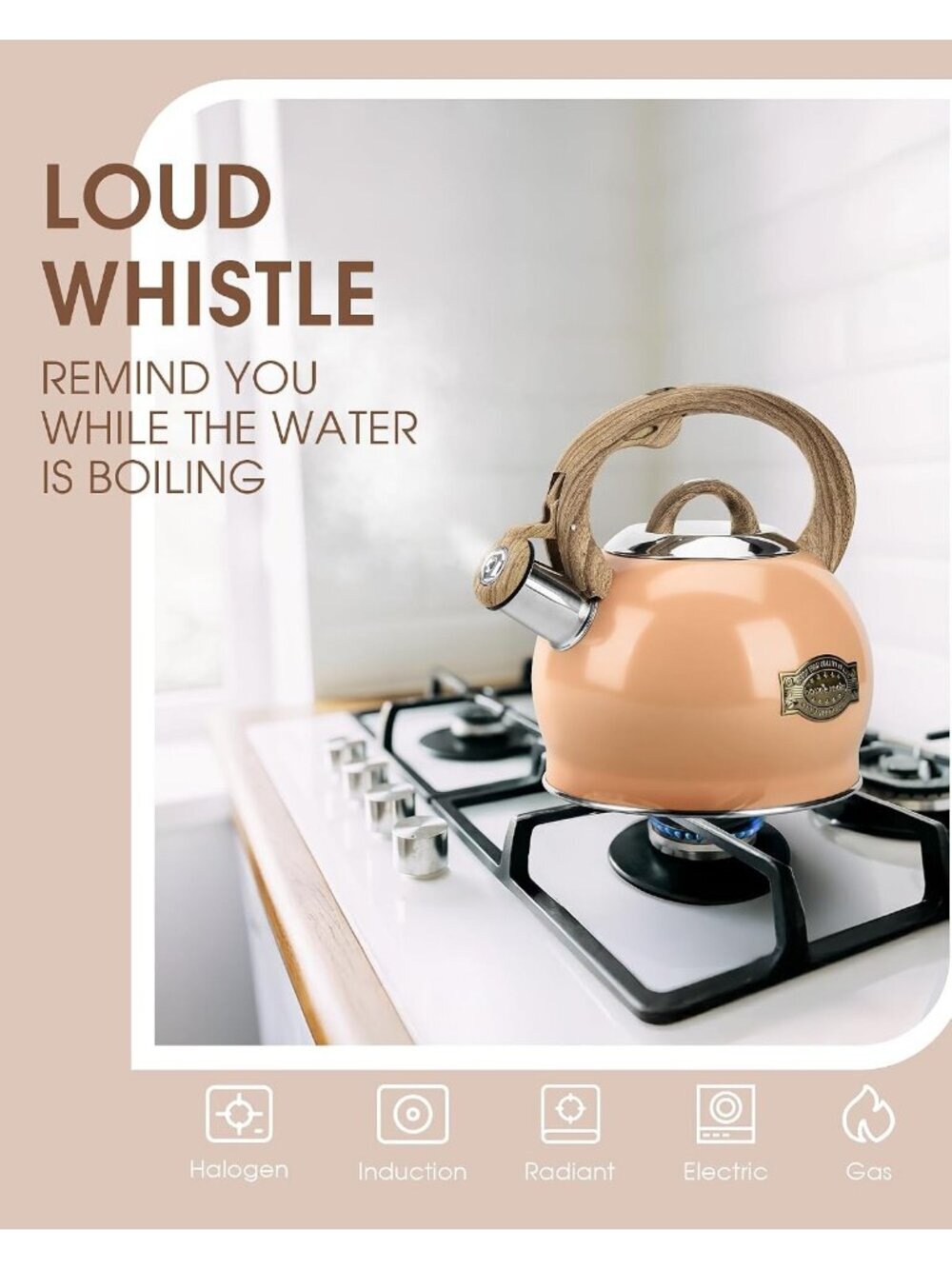 Peachy Whistling Tea kettles 2.1 Quart Stainless Steel Stovetop with Wood Handle - Picture 5 of 6